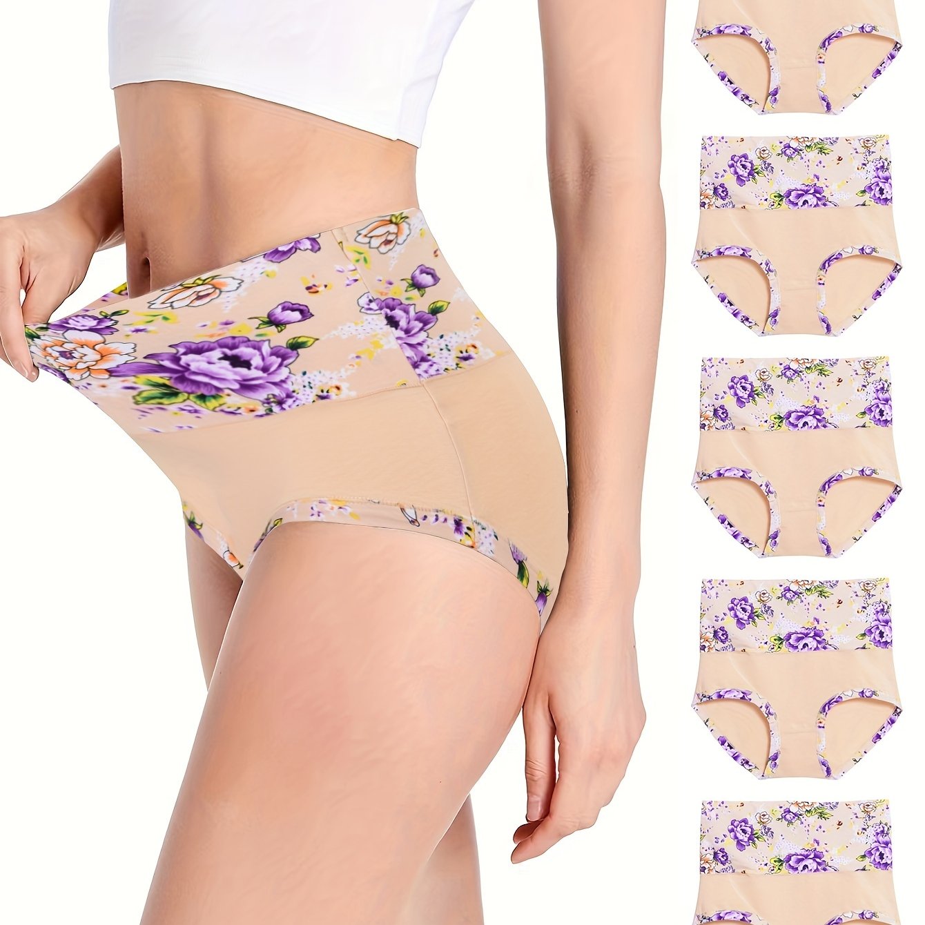 5pcs Floral Print Briefs, Comfy & Breathable Stretchy Intimates Panties, Women's Lingerie & Underwear