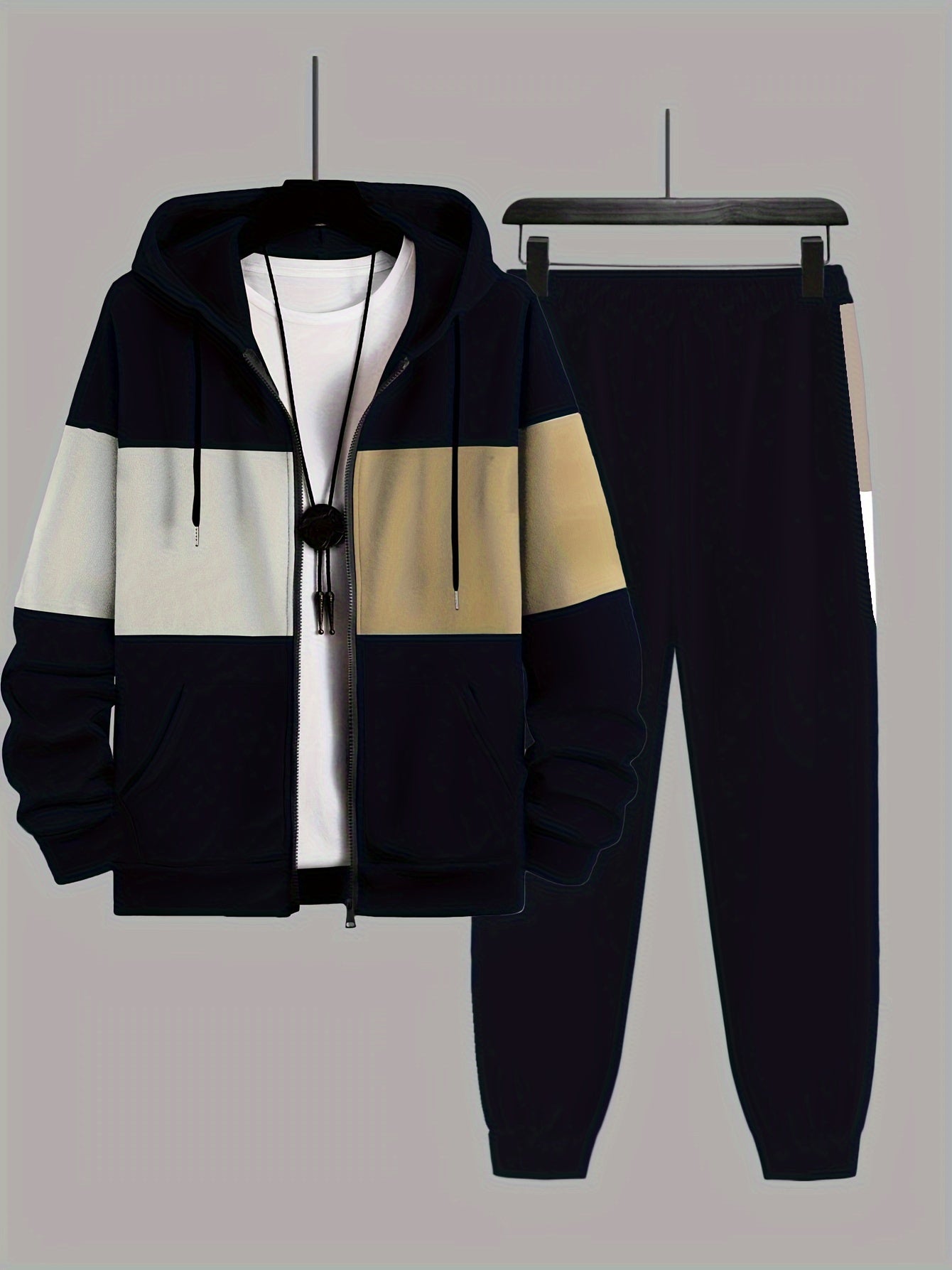 Plus Size Men's 2Pcs Outfits, Contrast Hooded Jacket & Joggers Set For Spring Fall Winter, Men's Clothing