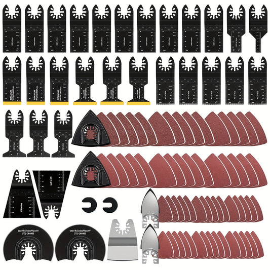 97pcs Oscillating Saw Blades Set: Wood & Metal Cutting Multitool Bi-Metal Blades + Sandpaper & Quick Release Tool Blades Kits - Fits Dewalt, Ryobi, Milwaukee, Rockwell, Fein, Makita