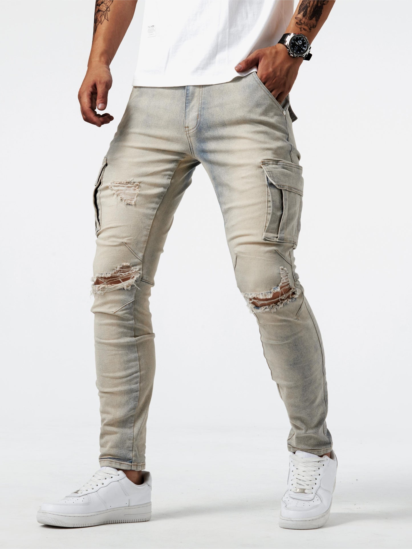 Men's Casual Multi Pocket Jeans, Street Style Medium Stretch Denim Pants