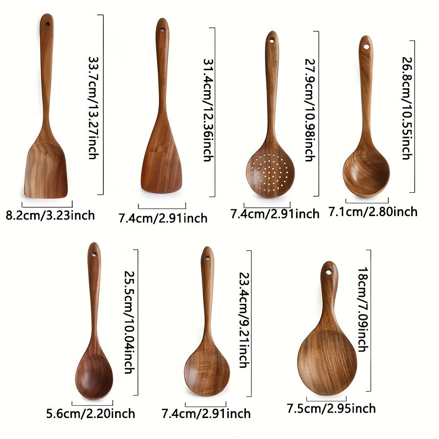 7pcs cuillères en bois de teck naturel pour la cuisine-spatule antiadhésive avec poignée confortable-parfait pour la rentrée des fournitures scolaires