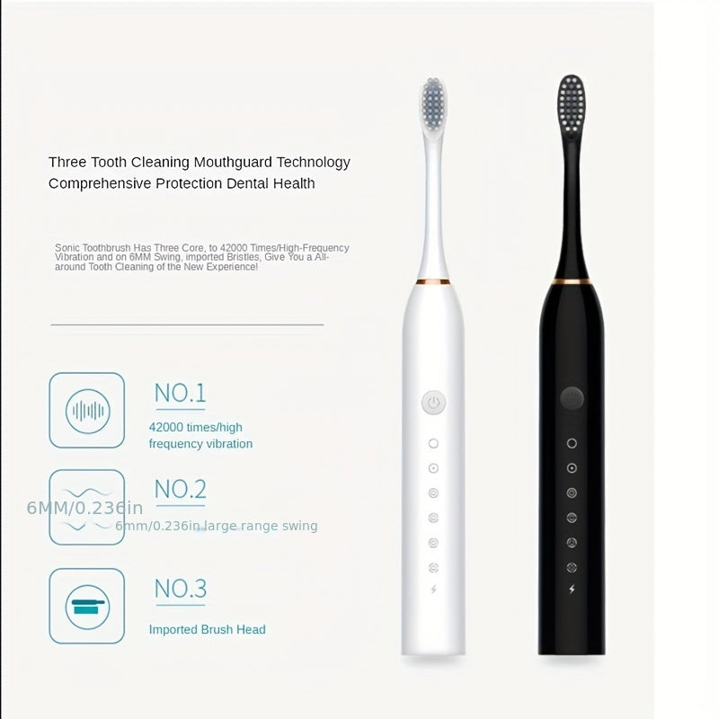 Rechargeable Sonic Toothbrush - Waterproof, Automatic, USB Charging, Replaceable Brush Heads