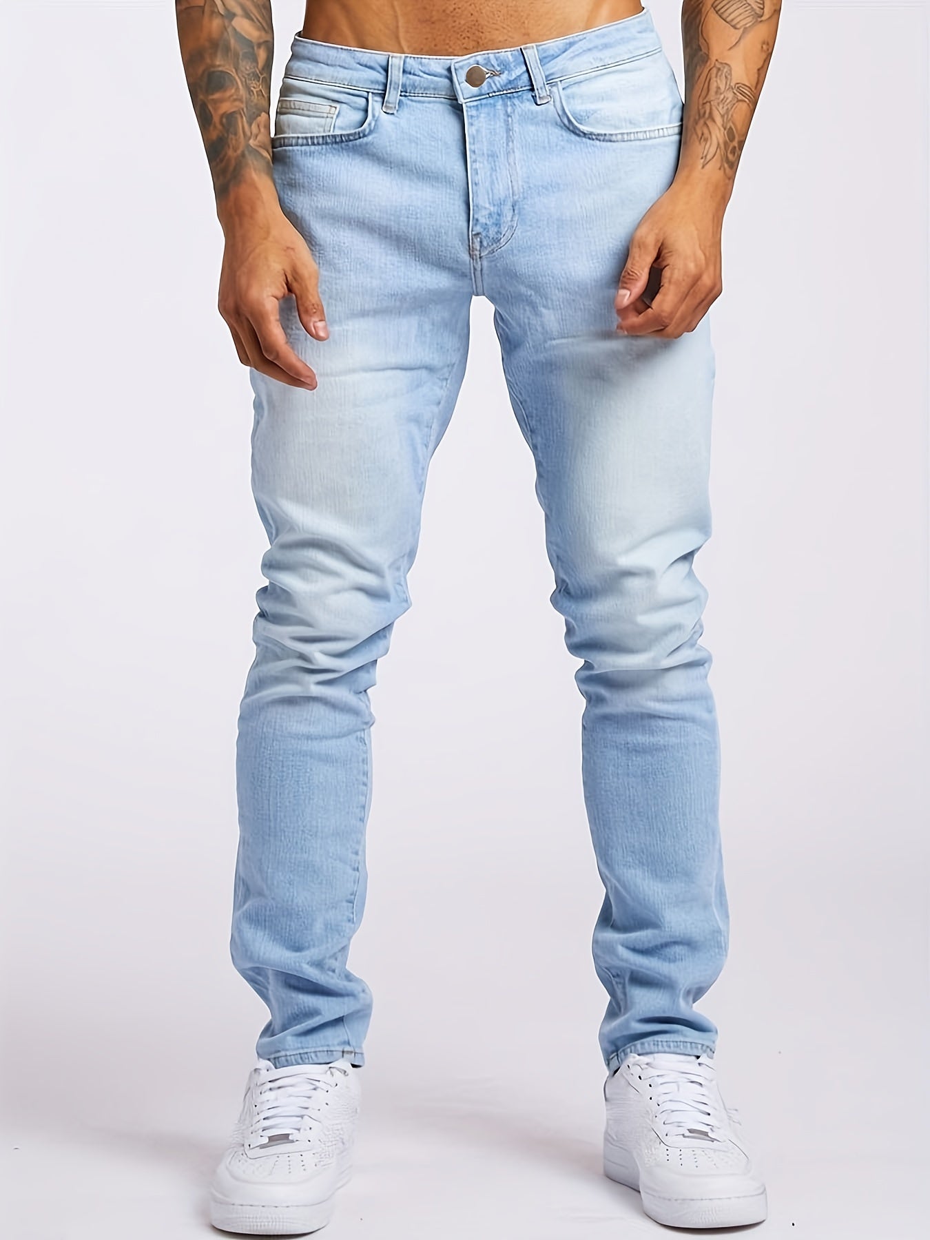 Slim Fit Jeans, Men's Casual Street Style Solid Color Mid Stretch Denim Pants For Spring Summer