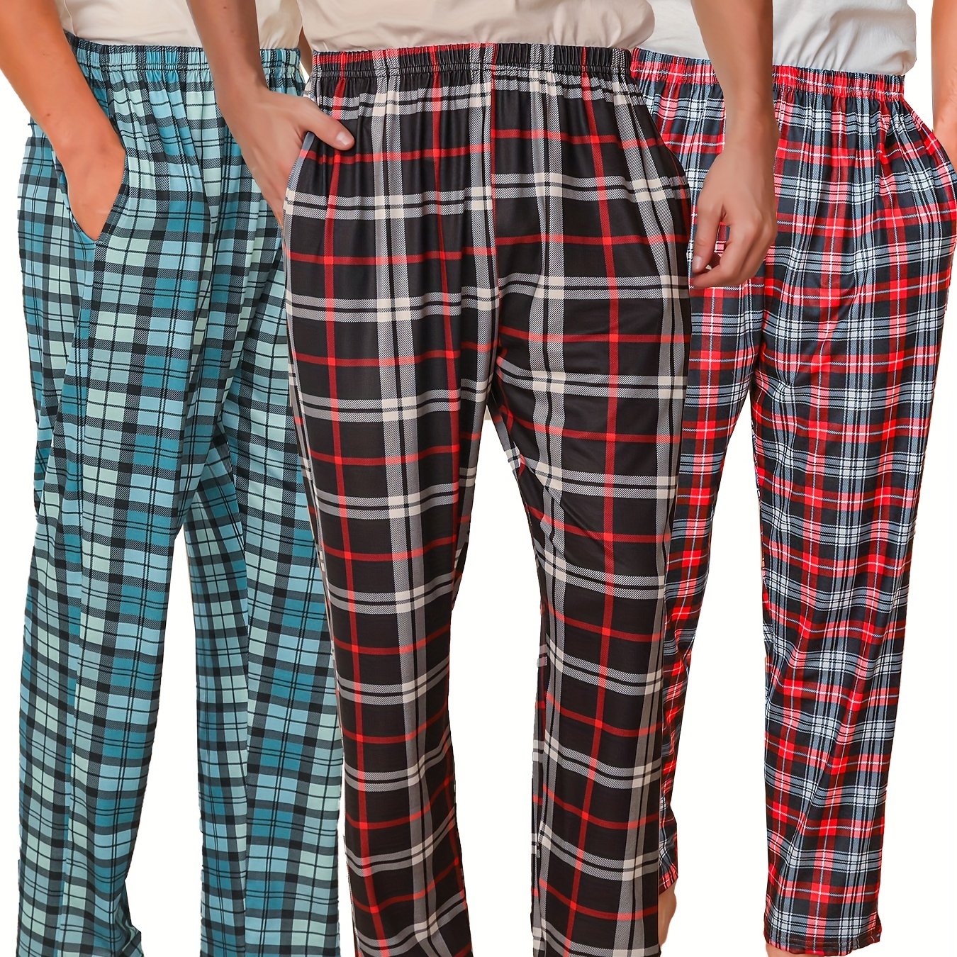 3pcs Men's Simple Style Plaid Pattern Casual Comfy Pants, Trendy Loose Stretchy Elastic Waist Home Pajamas Bottom, Suitable For Sleeping Home