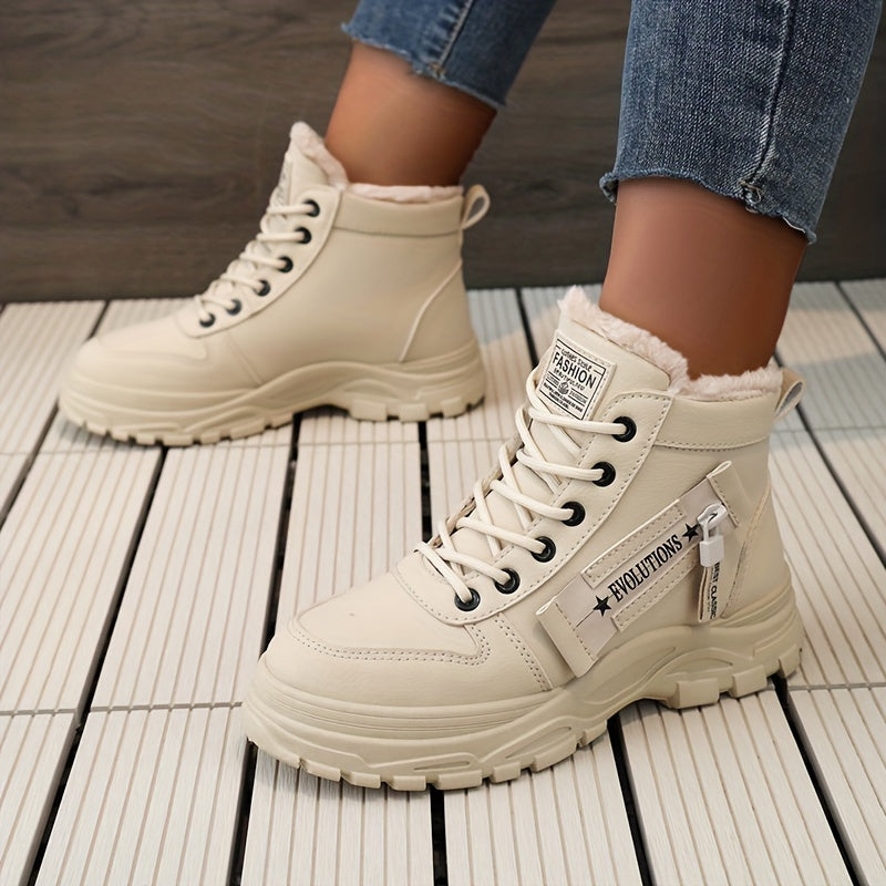 Women's Solid Color Platform Sneakers, Casual Lace Up Side Zipper Outdoor Shoes, Comfortable Plush Lined Shoes