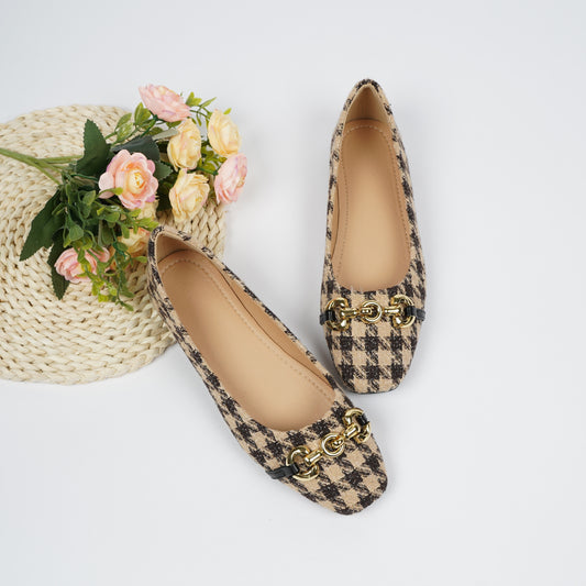 Women's Houndstooth Pattern Flat Shoes, Casual Square Toe Slip On Shoes, Lightweight Chain Decor Shoes