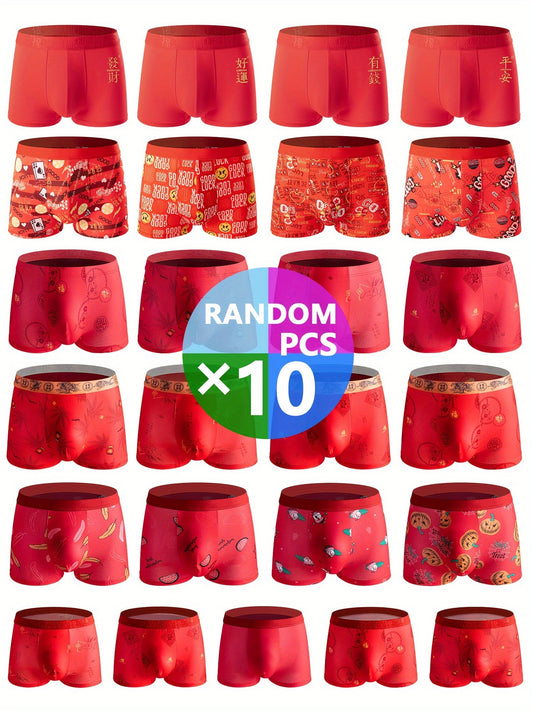 10 pçs estilo vermelho aleatório roupa interior masculina festival de primavera e ano novo roupa interior vermelha, respirável macio confortável elástico cuecas boxer shorts