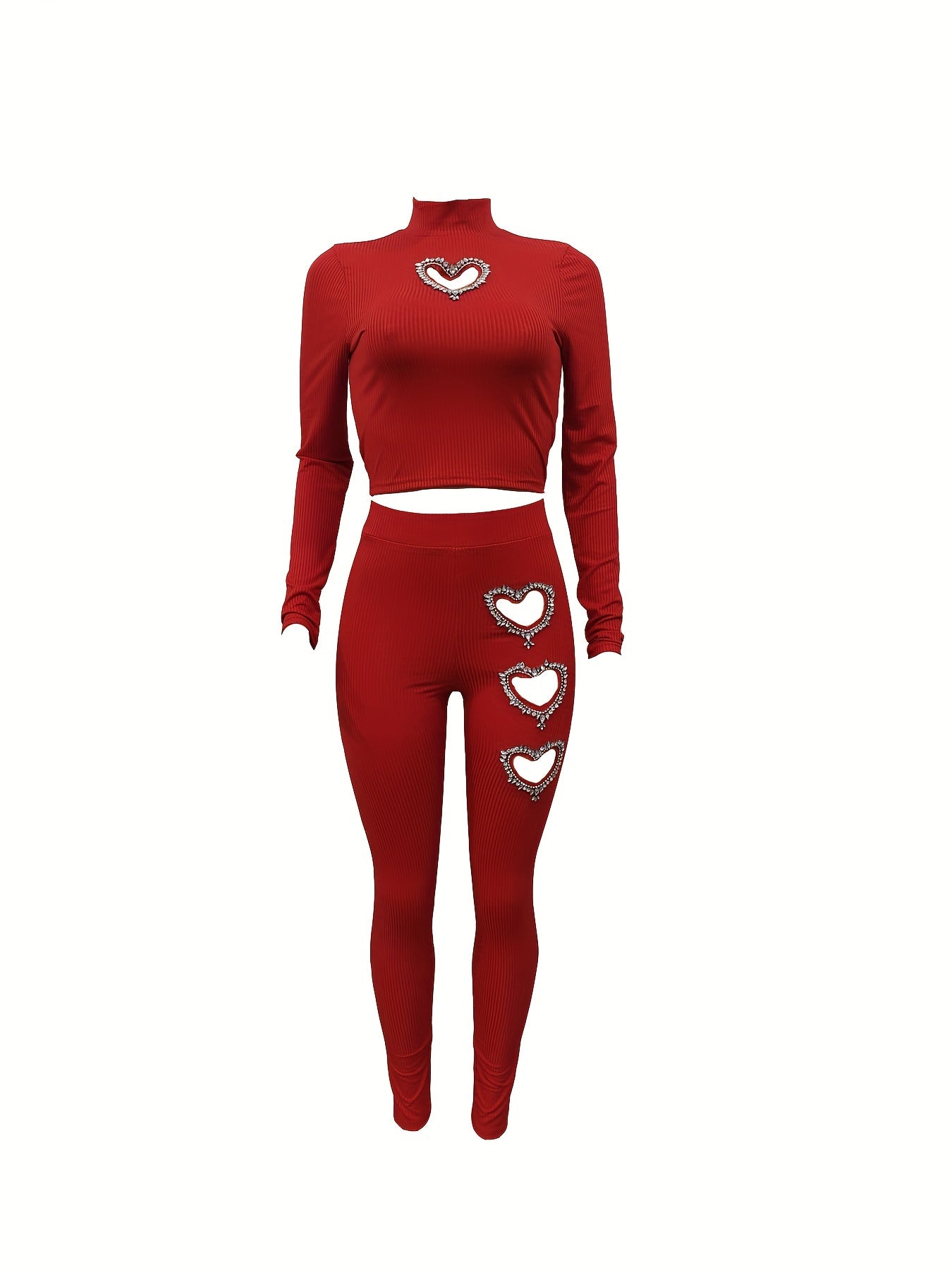 Heart Shaped Cut Out Two-piece Set, Mock Neck Long Sleeve Top & Slim Pants Outfits, Women's Clothing