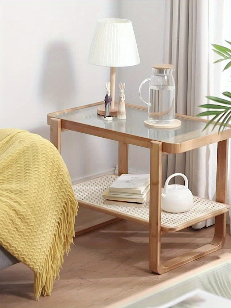 1pc Sea Shipping. Sofa Side Table, Minimalist Living Room Mini Balcony Small Coffee Table, Log Color Glass Bedside Table Rattan Braided Corner Table