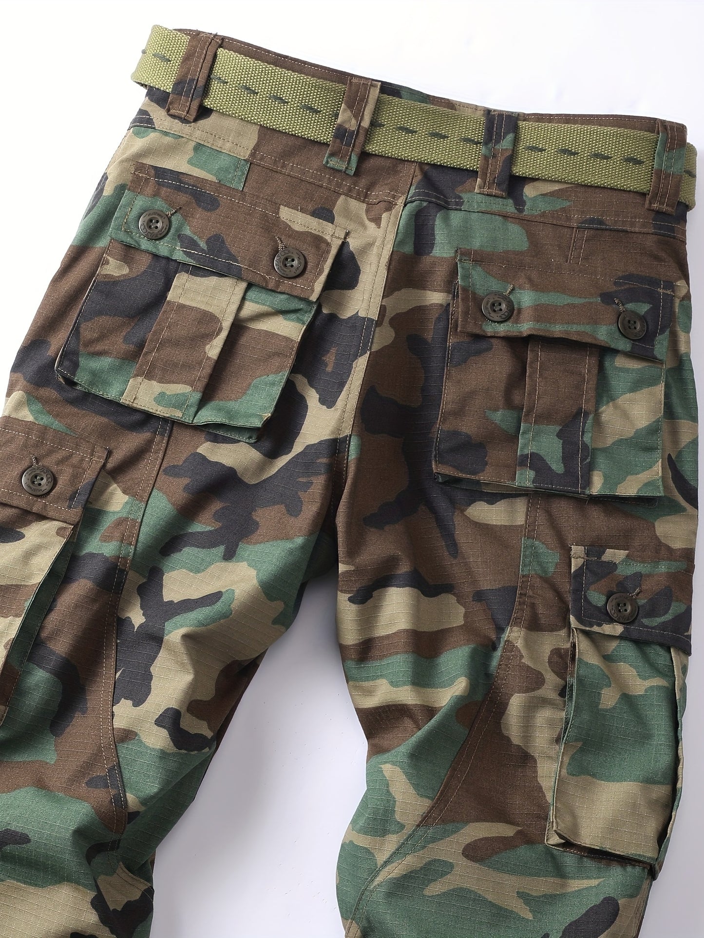 Mezcla de algodón Camo Multi Flap bolsillos pantalones de carga de la pierna recta de los hombres, pantalones sueltos al aire libre ocasionales, pantalones de trabajo tácticos para los hombres