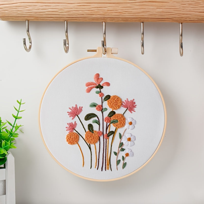 4 Pack Embroidery Kit For Beginners Adults, Cross Stitch Kits, Flowers And Plants, Include 1 Embroidery Hoop 7.9 Inch