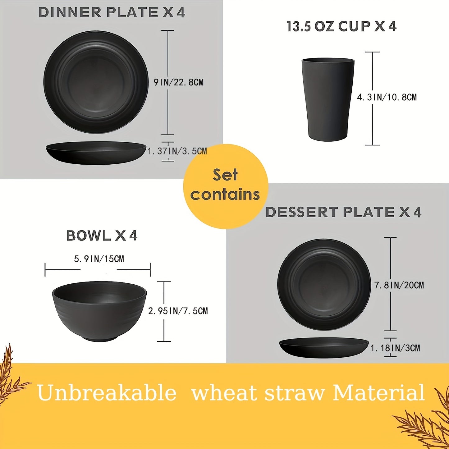 16pcs Unbreakable Dinner Plates, Wheat Straw Dinnerware Sets, Microwave Dishwasher Safe, Reusable Dinnerware, Black Set 8pcs Plates, 4pcs Bowls, 4pcs Cups