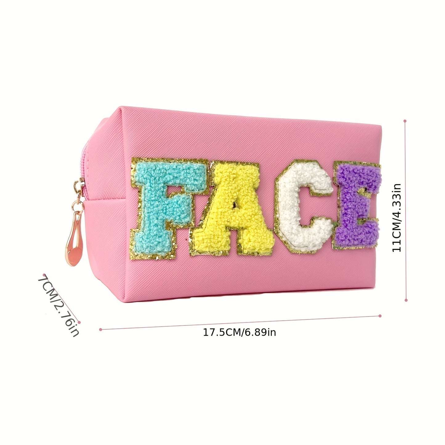 Bolsa de maquillaje de parche preppy de 3 piezas con cara de pelo de la piel pequeña carta de chenilla bolsa de cosméticos impermeable cremallera cuidado de la piel bolsas de aseo para niñas adolescentes regalo preppy portátil para mujeres (blanco, verde,