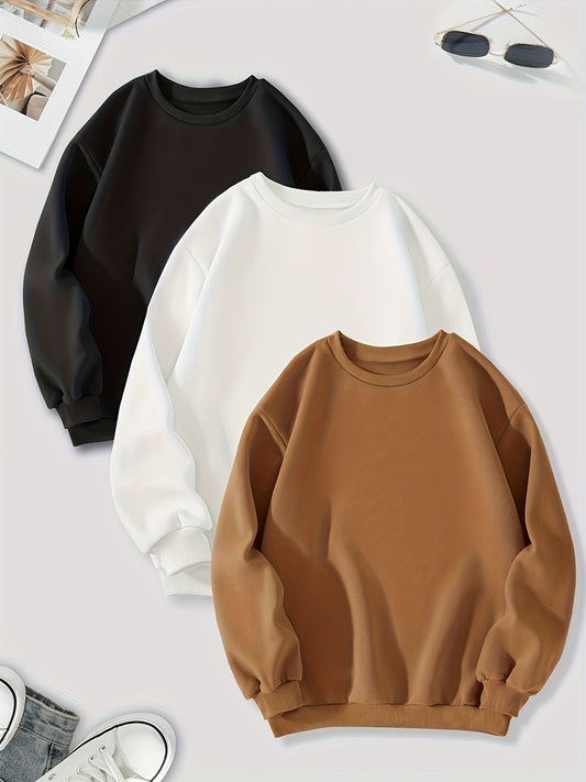 3 Packs Mixed Color Pullover Sweatshirts, Casual Long Sleeve Crew Neck Sweatshirt, Women's Clothing