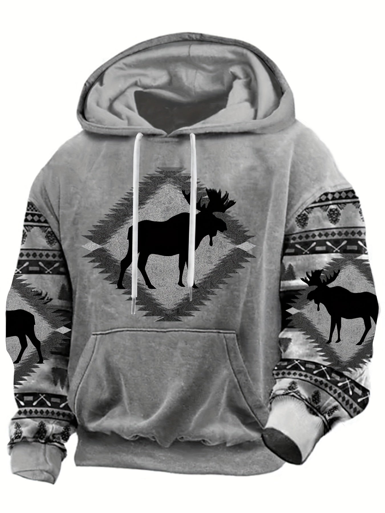 Plus Size Men's Stylish Loose Deer Pattern Hoodie With Pockets, Casual Breathable Long Sleeve Hooded Sweatshirt For City Walk Street Hanging Outdoor Activities, Men's Clothing