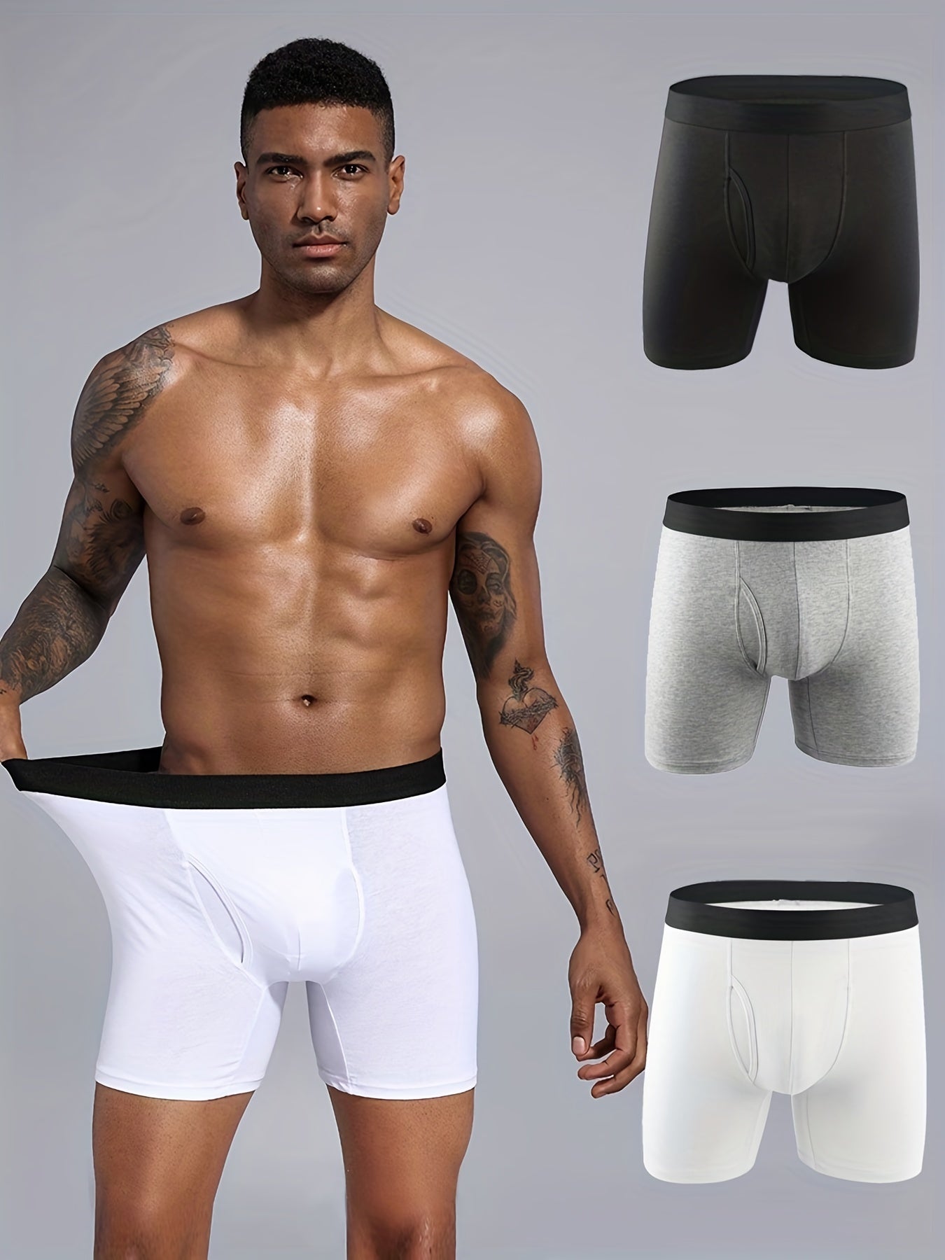 3PCS Men's Cotton Long Leg Boxer Briefs, Men's Simple Solid Color Panties Boxershorts, Sexy Open Front Crotch Underwear Male Underpants Shorts