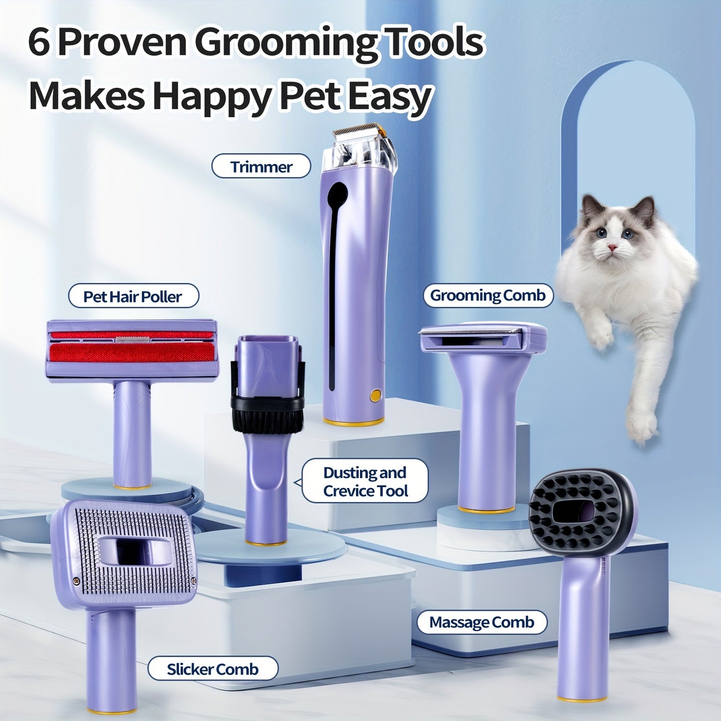 Pet Grooming Deluxe Kit y Dog Hair Vacuum 99%, Aspiradora de pelo de mascotas, Aspiradora de aseo de mascotas con 6 herramientas de aseo de mascotas, 4 peines de repuesto, Cepillo de perro silencioso con molinillo de uñas \ u002FPaw Trimmer para perros y 