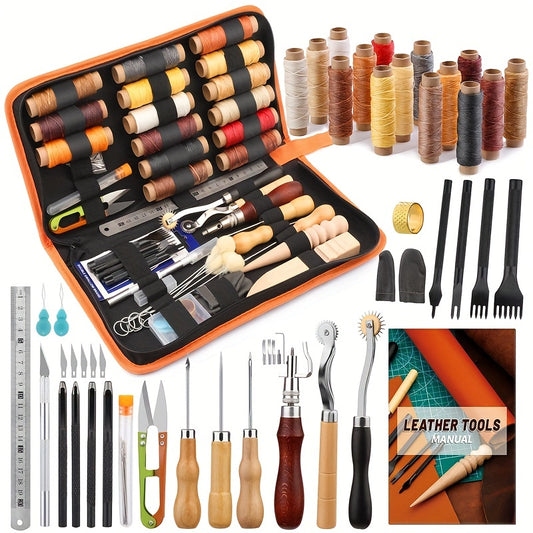 50pcs Leather Working Tools, Leather Tool Kit, Practical Leather Craft Kit With Waxed Thread Groover Awl Stitching Punch Hole For Leathercraft Beginner Or Adults Gifts - Comes With Tool Manual