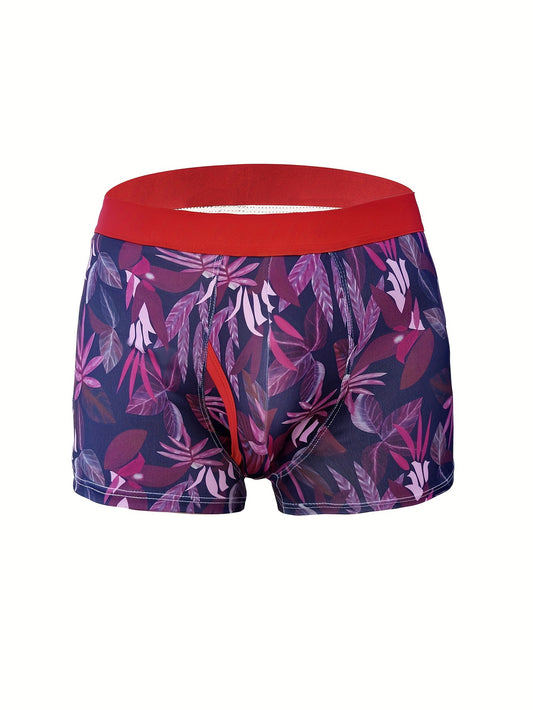 Leaf Print Men's Underwear With Fly, Ice Silk Cool Boxer Briefs Shorts, Breathable Comfy Quick Dry Boxer Trunks, Sports Swim Trunks For Beach Pool