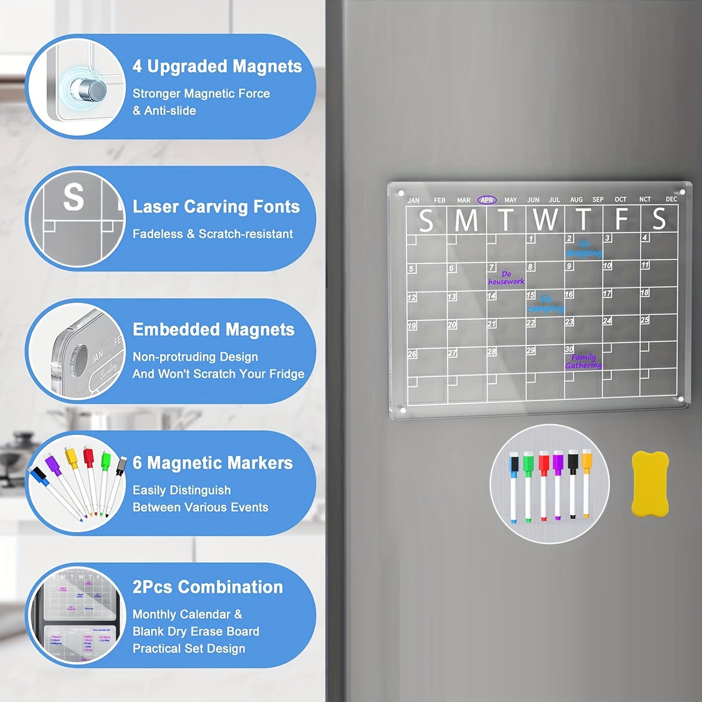 1pc Acrylic Magnetic Dry Erase Board Calendar For Fridge, 16\