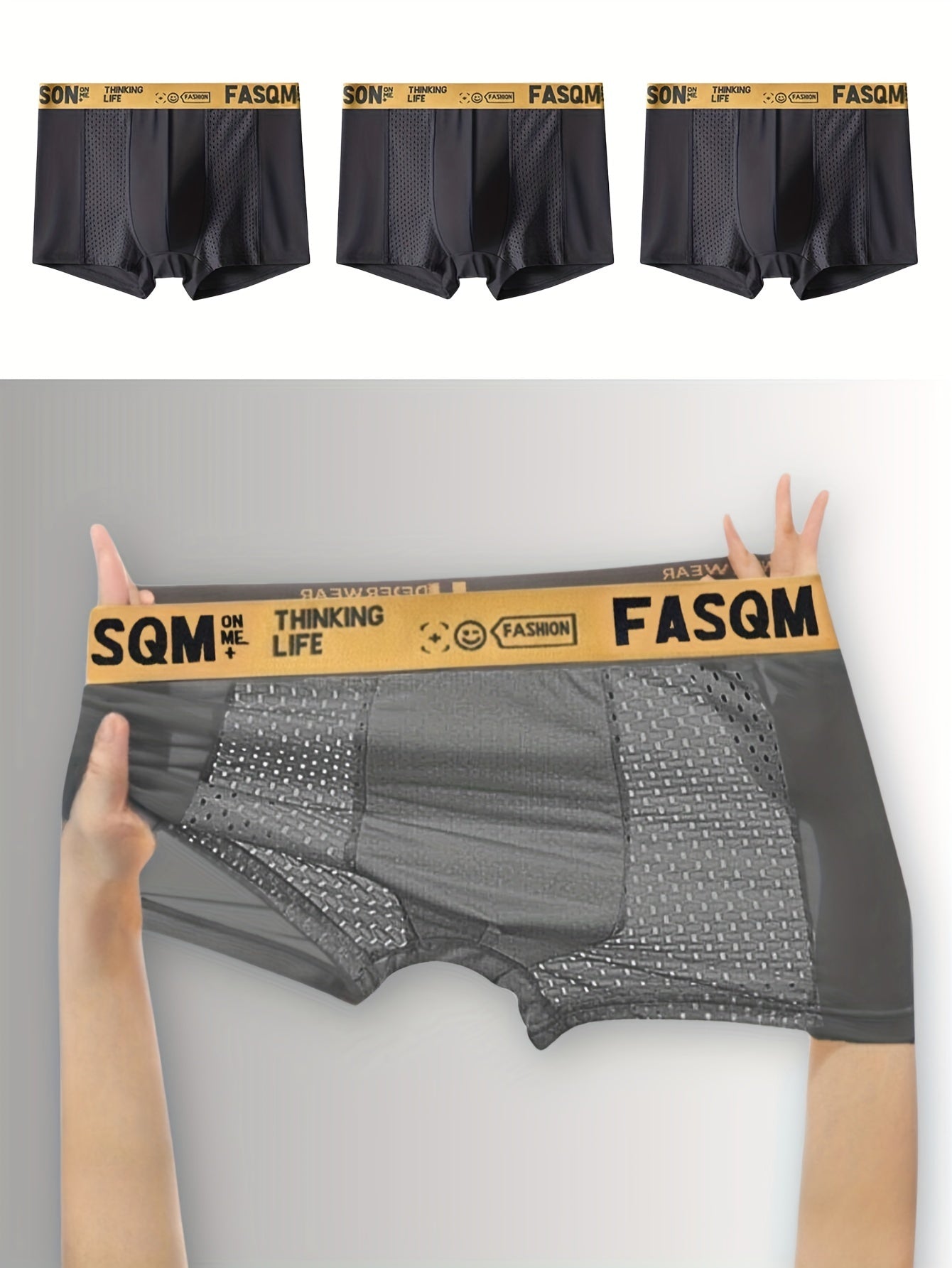 3pcs ropa interior cómoda suave fresca de los calzoncillos de los boxeadores de la seda del hielo de los hombres, remiendo de la malla