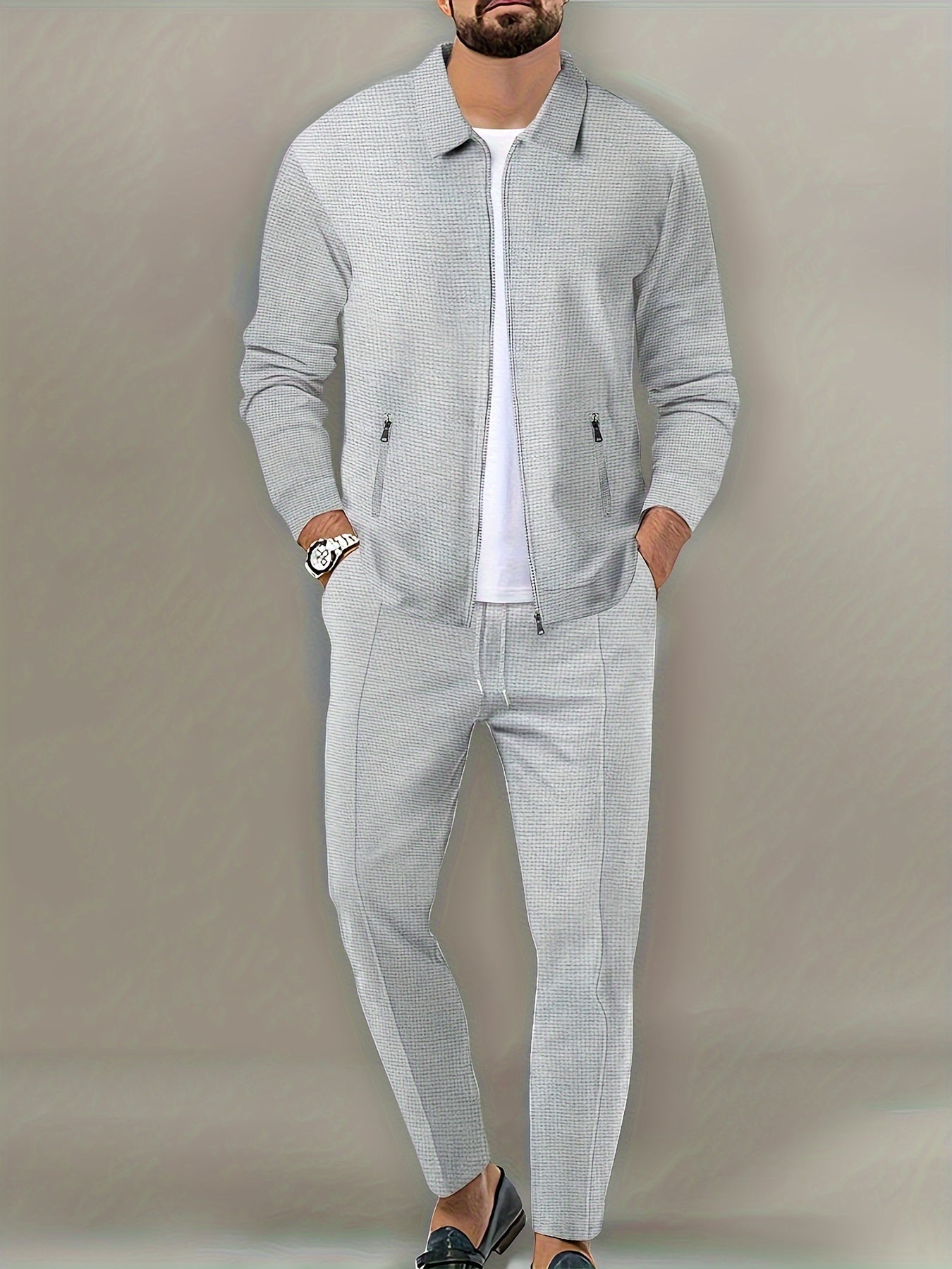 Waffel-Solid-Klassische Herren-Athletische 2 Stück Trainings anzug Set lässig mit Reiß verschluss Sweat suits Langarm Jacke und Jogging hose Set für Gym Workout Laufen