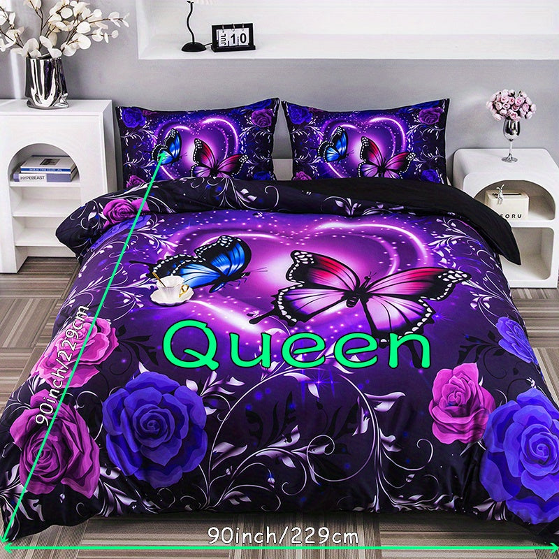 3pcs Duvet Cover Set, Fashion Classic Popular Butterfly Flower Digital Print Bedding Set, Soft Comfortable Duvet Cover, For Bedroom, Guest Room (1*Duvet Cover + 2*Pillowcase, Without Core And Quilt)