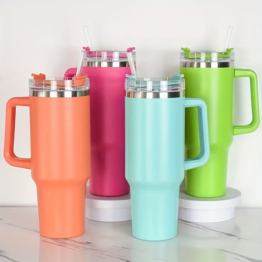 1pc Reusable Vacuum Tumbler With Straw 40oz, Double Layer Stainless Steel Insulated Drinking Cup, Car Handy Mug With Handle