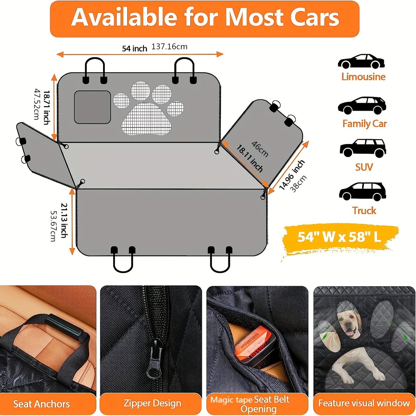 Funda de asiento de coche para perro para asiento trasero, hamaca de coche 100% impermeable para perro con ventana de malla visual y cremallera lateral asiento de coche y protector de puerta para mascotas y niño, funda de perro para coche camión y SUV