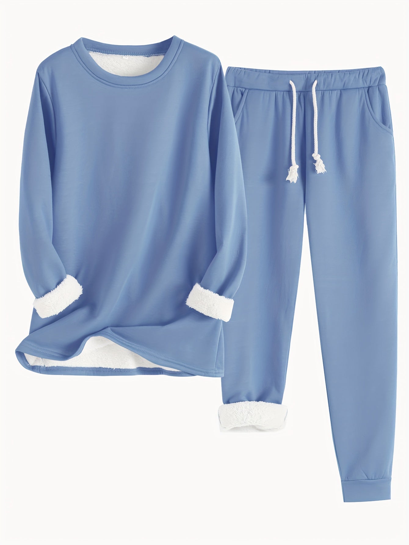 Zweiteiliges Set mit Rundhals ausschnitt Langarm Sweatshirt und Kordel zug hose lässig solide, zweiteiliges Set, Damen bekleidung