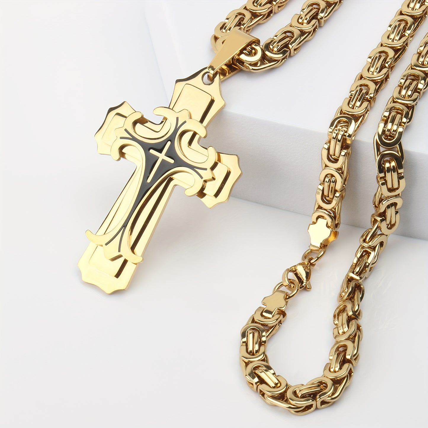 Men's Vintage Flat Handmade Necklace With Multilayer Golden Black Stainless Steel Cross Pendant Necklace Jewelry