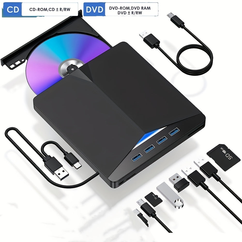 محرك أقراص CD\u002FDVD خارجي 7 في 1 لأجهزة الكمبيوتر المحمول، ومشغل أقراص DVD USB 3.0 من النوع C، ناسخ أقراص مضغوطة محمول\u002FDVD، محرك أقراص مضغوطة خارجي DVD بصري متوافق مع أجهزة الكمبيوتر المحمول المكتبية Windows 11\u002F10\u002F8\u002F7 Linux Mac OS