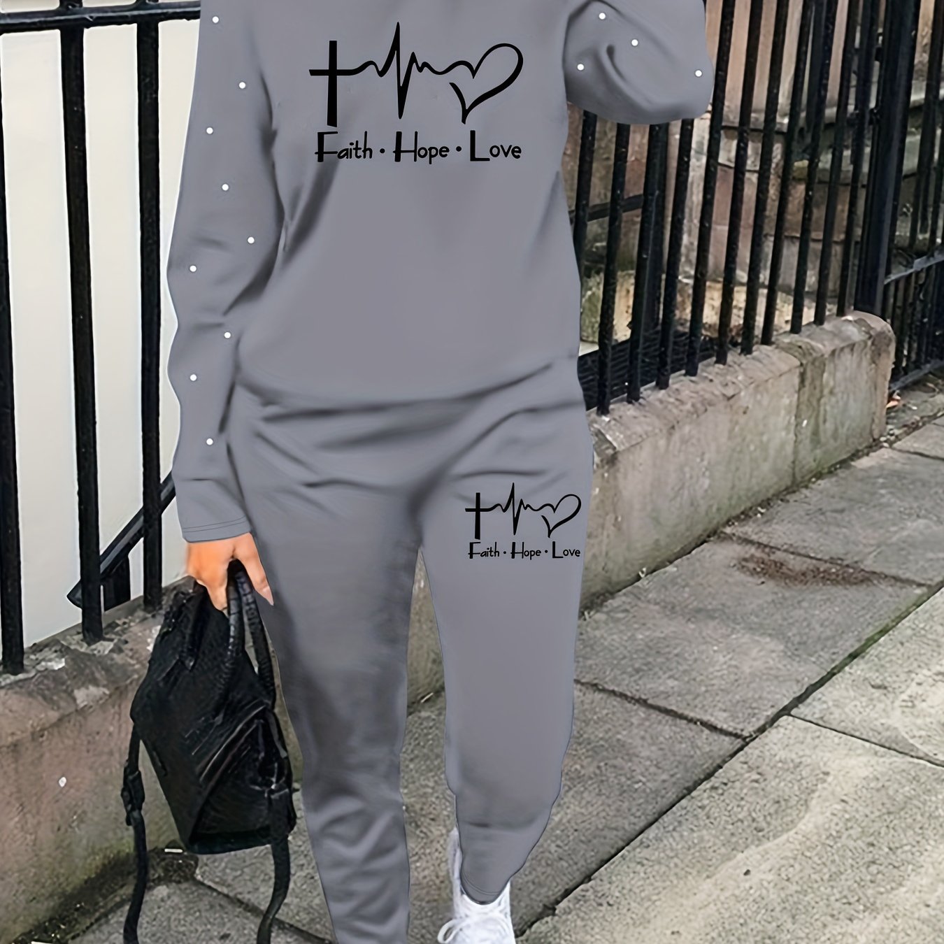 Graphic & Letter Print Two-piece Set, Casual Long Sleeve Sweatshirt & Sweatpants Outfits, Women's Clothing