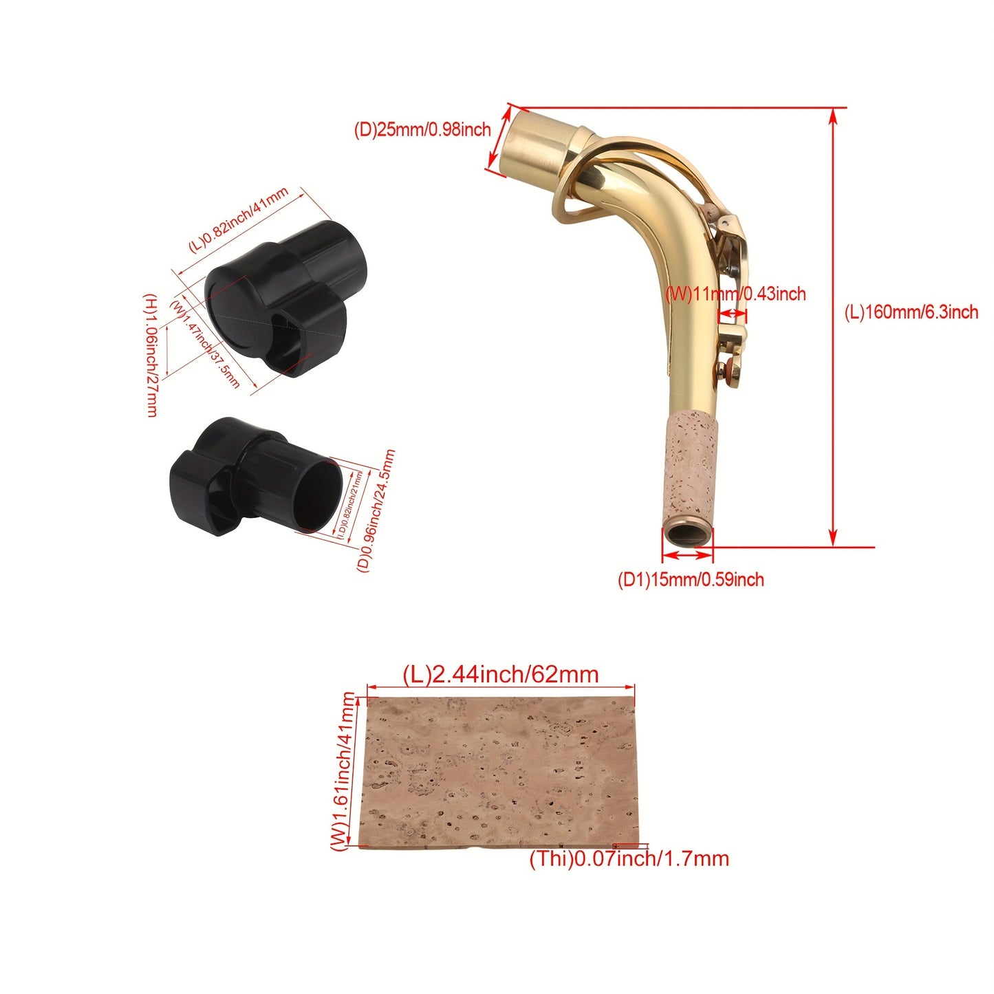 Brass Alto Saxophone With Curved Neck, Gold Color + 2pcs Alto Saxophone Mouthpiece Caps + 10pcs Saxophone Cork Pads