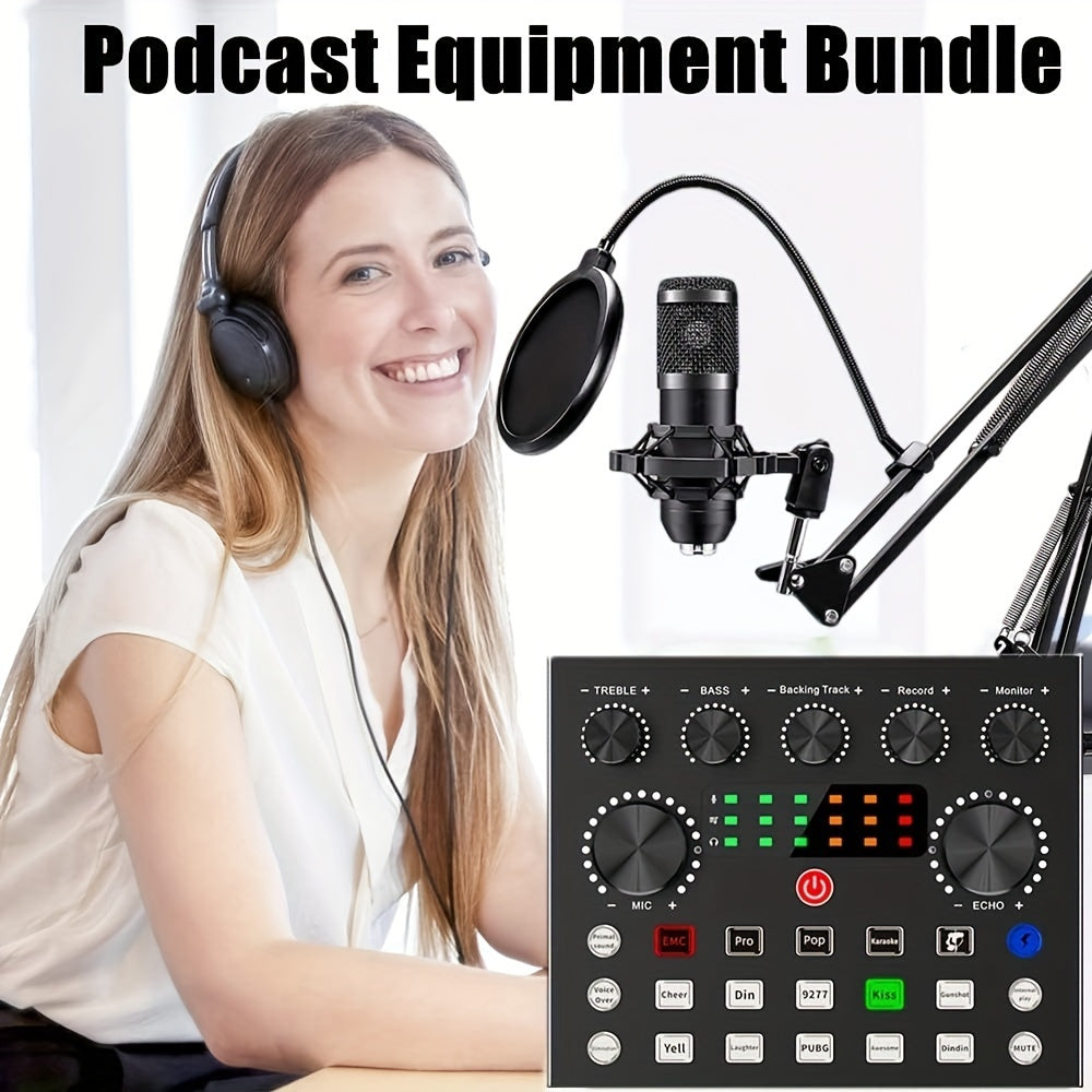 Podcast Equipment Bundle, V8s Audio Interface With All In One Live Sound Card And BM800 Condenser Microphone,Podcast Microphone, Perfect For Recording, Broadcasting, Live Streaming