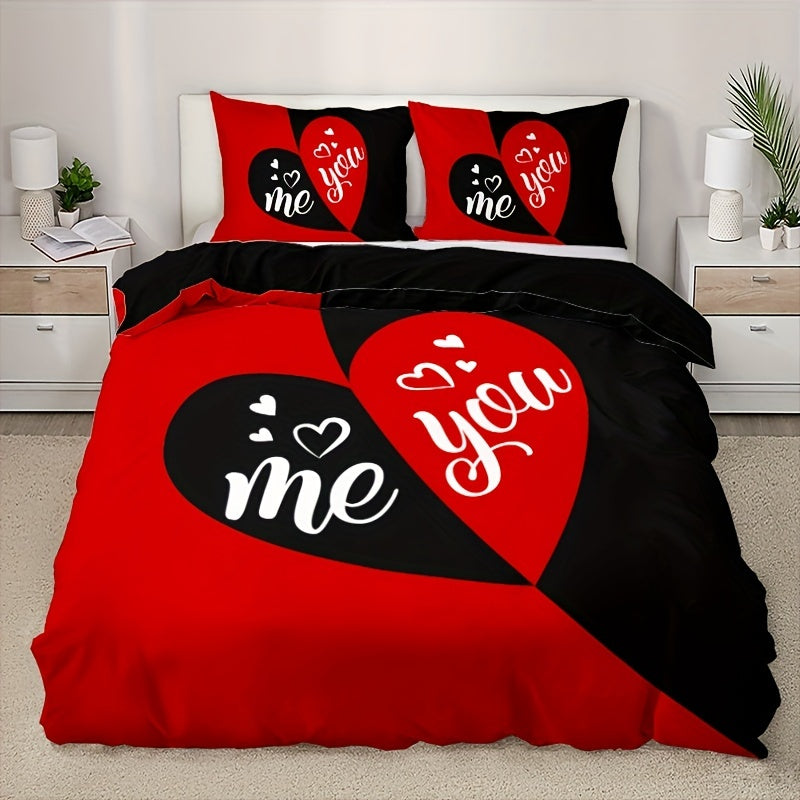 3pcs Duvet Cover Set, Black And Red Heart Pattern Bedding Set, Soft Duvet Cover For Bedroom, Guest Room (1*Duvet Cover + 2*Pillowcase, Without Core)