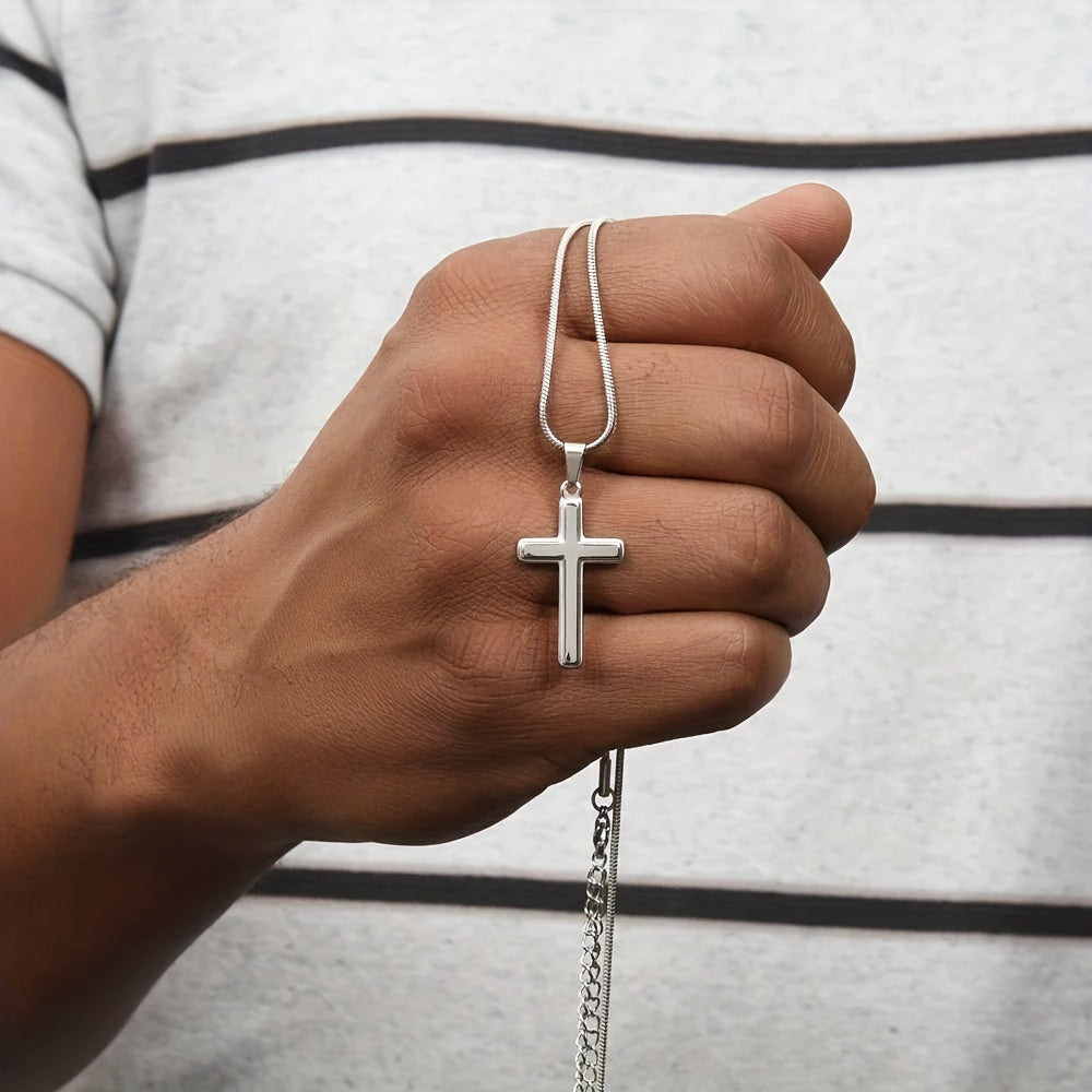 Tarjeta de regalo de texto y embalaje de caja de regalo negra-Collar cruzado para mi papá-Cadena de acero inoxidable y cruz de acero inoxidable-Regalo de Navidad del día del padre