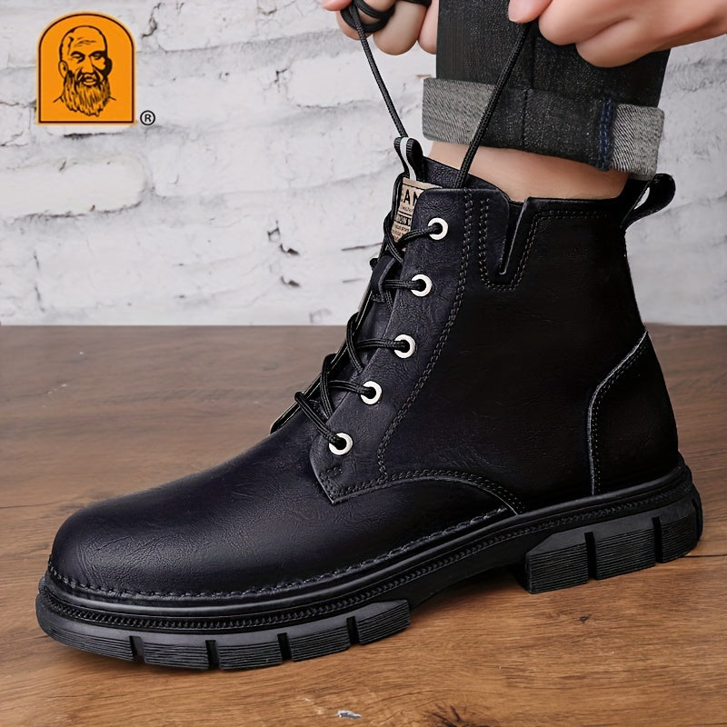 LAORENTOU Men's Trendy Solid Ankle Boots With Lined Fuzz, Waterproof Wear-resistant Non Slip Lace-up Boots For Outdoor Casual