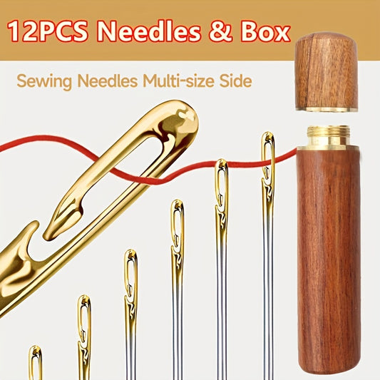 12pcs, assorted self threading needles Sewing Needles, Multi-size Side Opening Stainless Steel Darning Sewing Household Hand Tools