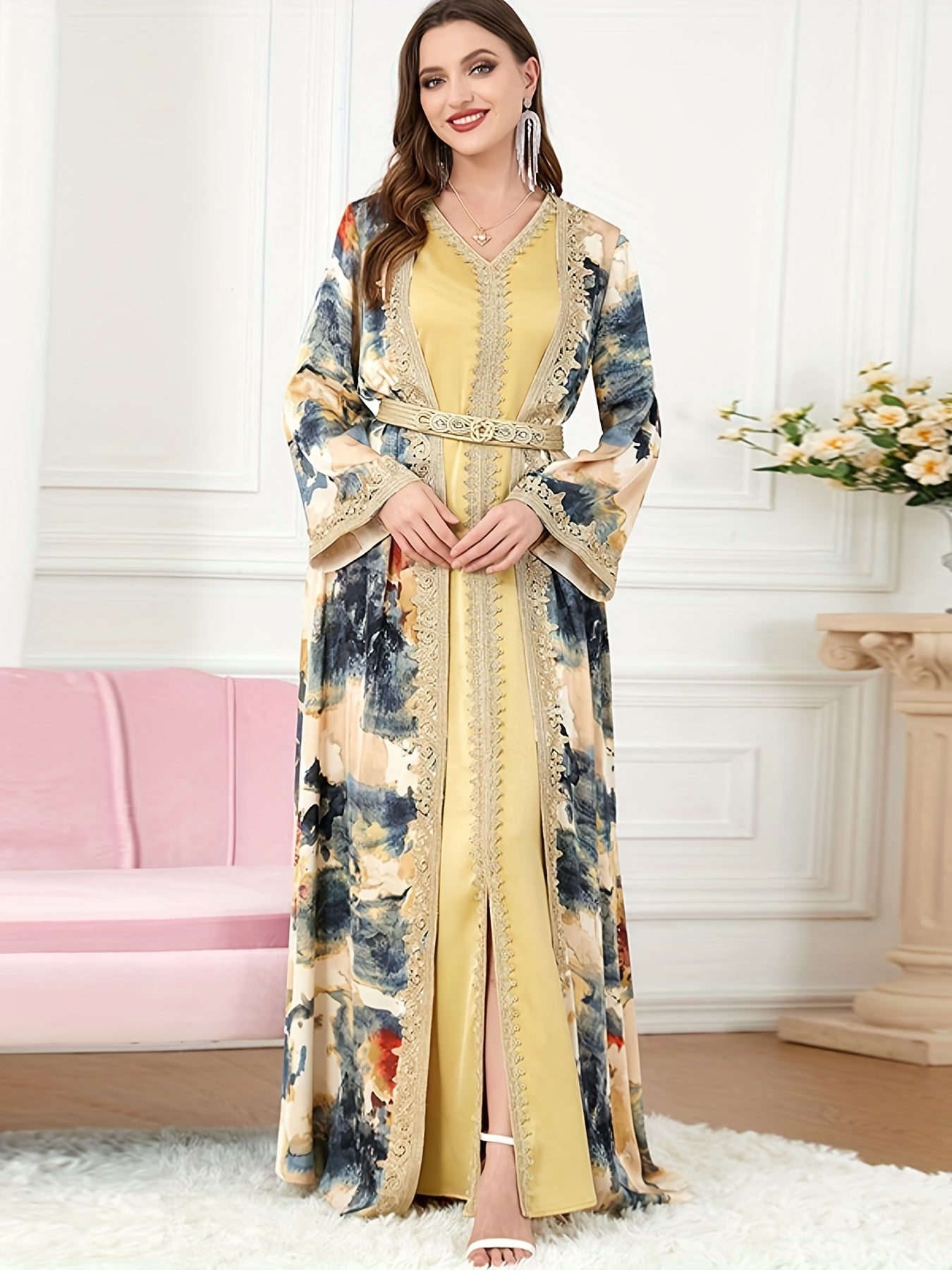 Ethnic Abaya Set, V Neck Maxi Dress & Open Front Abaya With Belt, Women's Clothings
