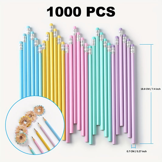 1000pcs Wooden Pencils With Eraser, Multi-color Pencils, Writing Pencils, Office Pencils, Stationery Supplies