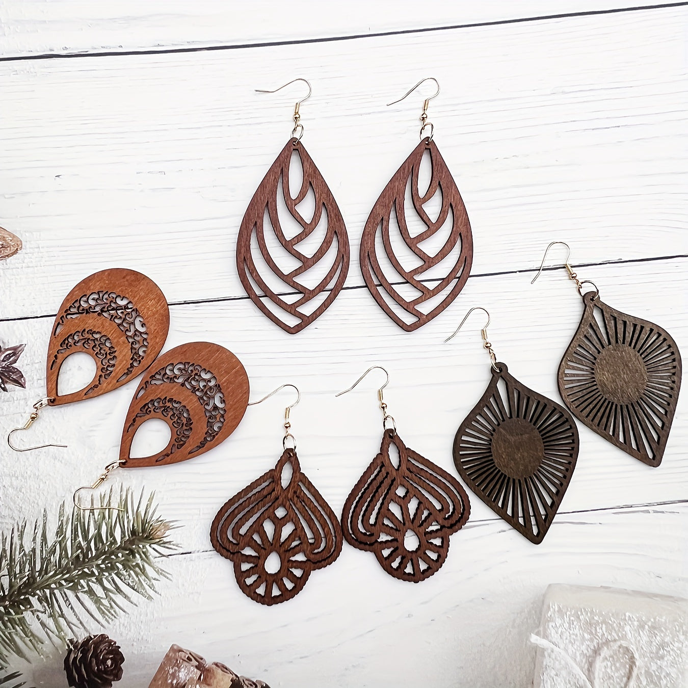 4 Pairs \u002F Set Hollow Carved Pattern Dangle Earrings Simple Bohemian Style Wooden Jewelry Trendy Female Earrings
