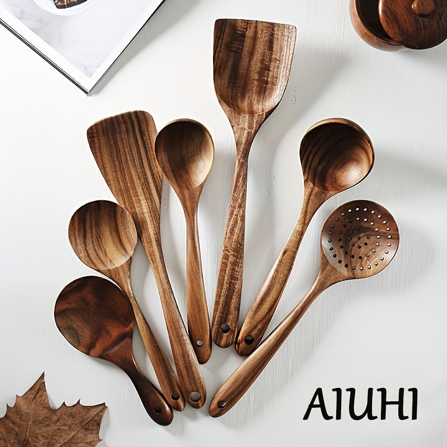 7pcs cuillères en bois de teck naturel pour la cuisine-spatule antiadhésive avec poignée confortable-parfait pour la rentrée des fournitures scolaires