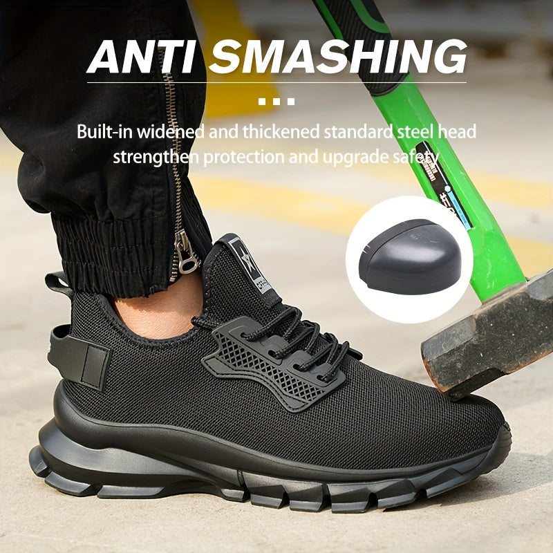 PLUS SIZE Men's Solid Steel Toe Puncture Proof Anti-skid Work Safety Shoes, Breathable Woven Knit Industrial Construction Sneakers