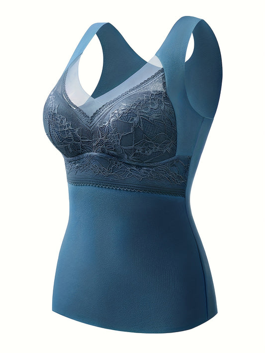 Lace Stitching Thermal Underwear, Soft V Neck Sleeveless Top, Women's Lingerie & Sleepwear