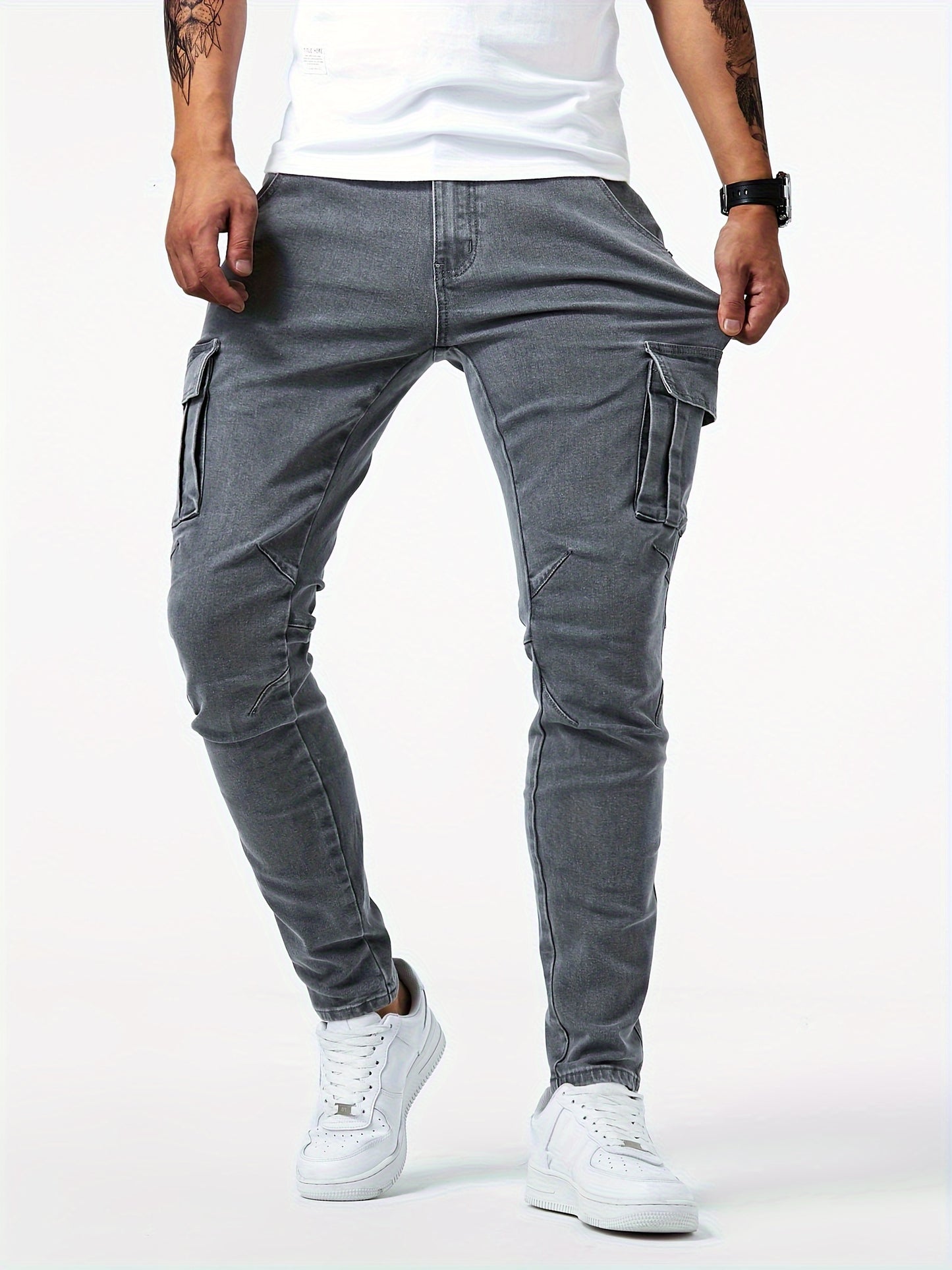 Men's Casual Multi Pocket Jeans, Street Style Medium Stretch Denim Pants