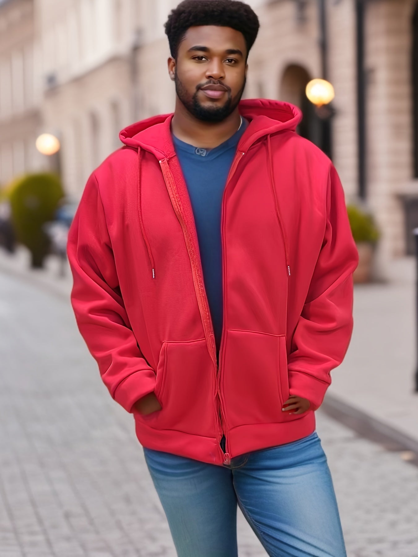 Plus Size Men's Solid Hoodies Oversized Hooded Jacket With Zipper For Fall Winter, Men's Clothing