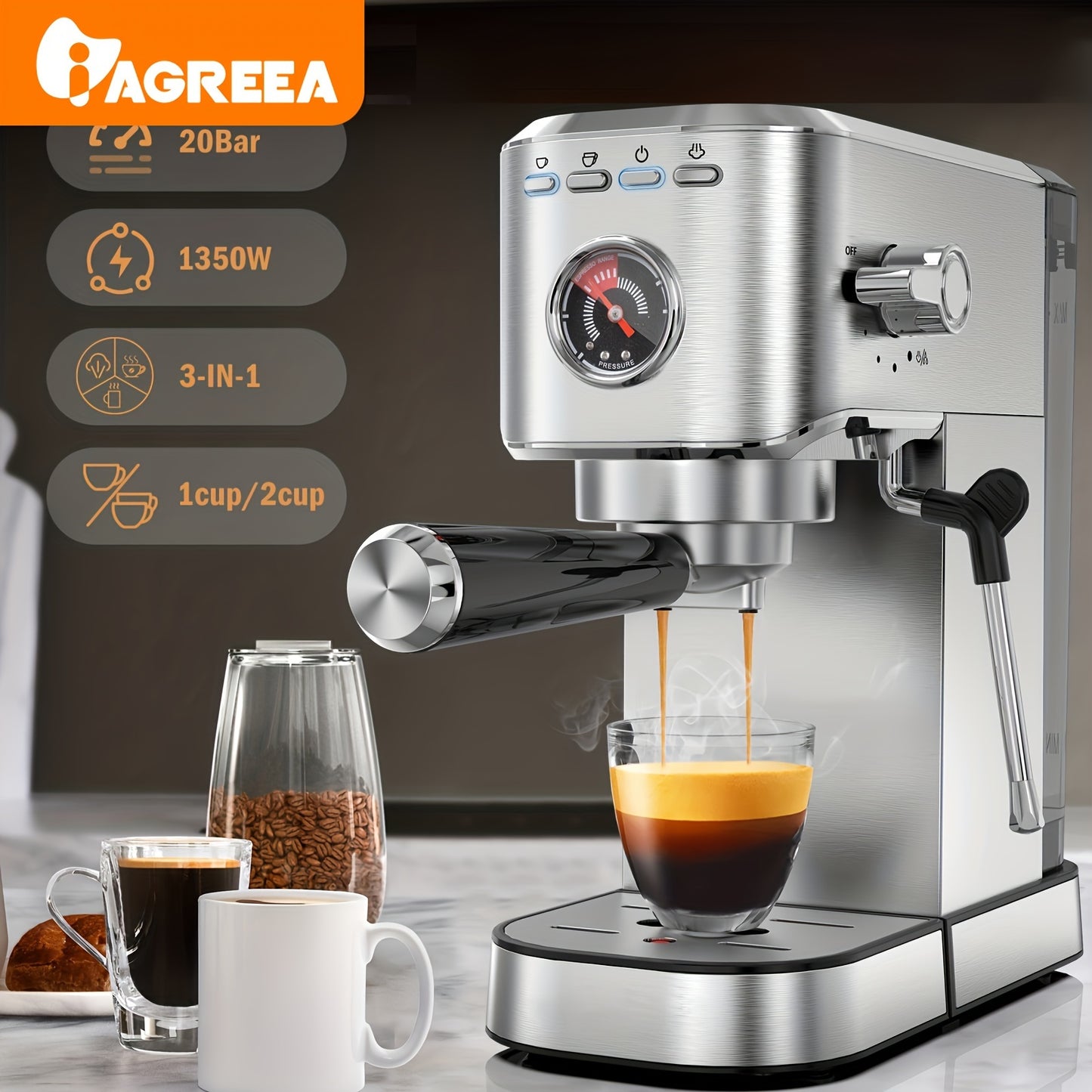 1pc, Drelex 20 Bar Pressure Coffee Machine,sea Transportation. Stainless Steel Compact, With Milk Bubbler, Fast Heating, 37 Ounces, Semi-automatic Espresso\u002Flatte\u002Fcappuccino Coffee Machine, Automatic Pause, Suitable For Home Baristas, Offices