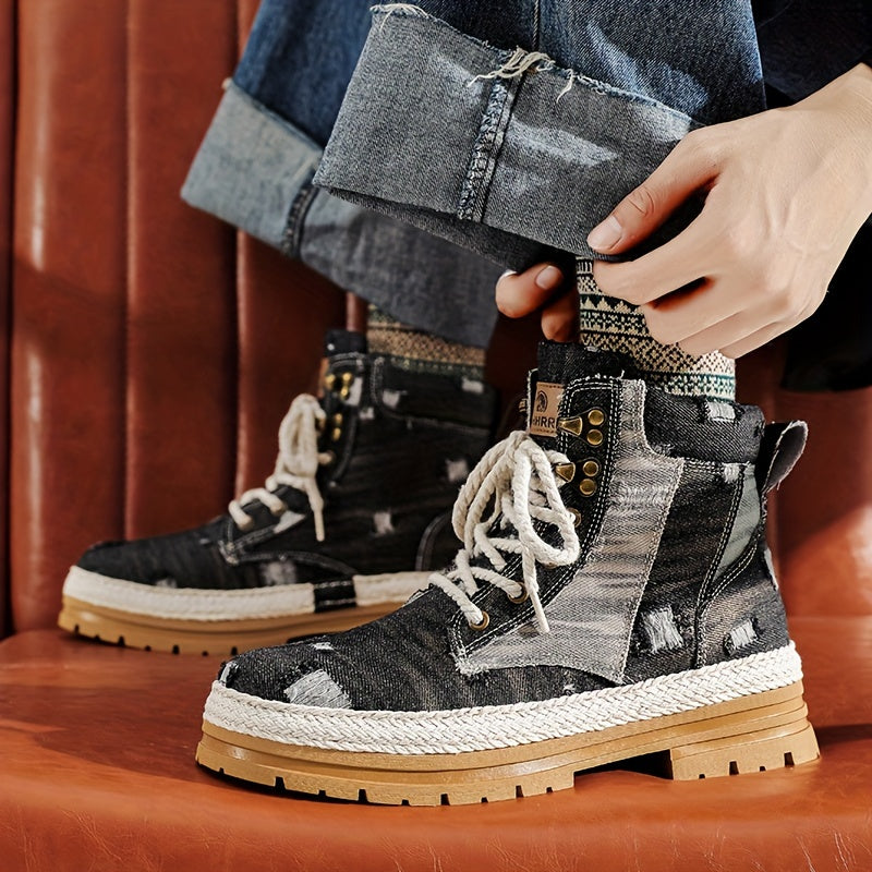 Men's Distressed Design Lace-up Boots, Casual Walking Shoes, Comfortable And Breathable