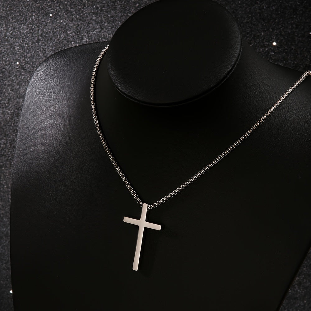 Funky Polished Minimalistic Cross Pendant Necklace For Men, Stainless Steel Chain Necklace